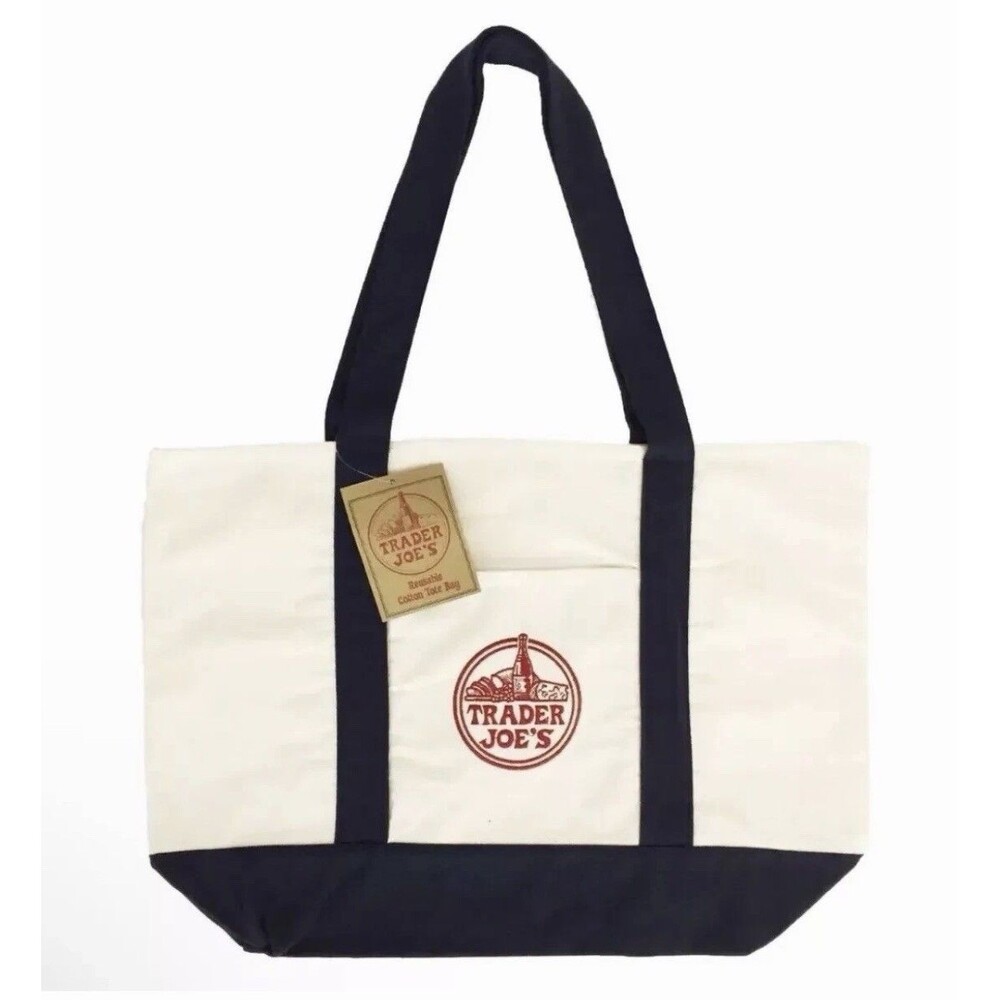 Trader Joe's Large Canvas Tote Reusable Bag 20x14x6" Blue/White It